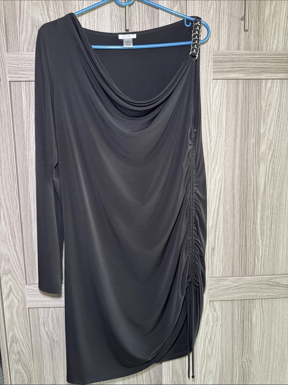 Cache Black One-Shoulder Draped Mini with Chain Accent XL
